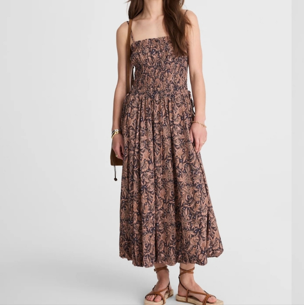 Madewell Smocked Bubble-Hem Midi Dress in Paisley